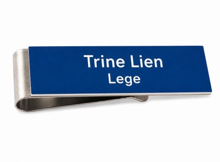 Navnskilt med klemmefeste - Blå/Hvit