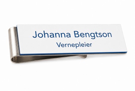 Navnskilt med klemmefeste - Hvit/Blå